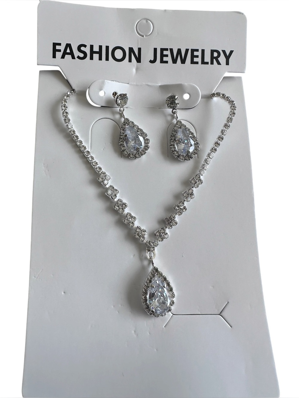 Plastic Silver Costume Jewelry Rhinestone Earring and Necklace Set